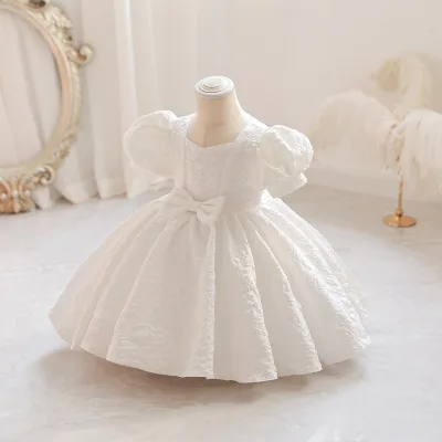 High-End Pageant Floral Lace Appliques Bowknot Puffy Tutu Princess Style Flower Girl Ceremony White Dress