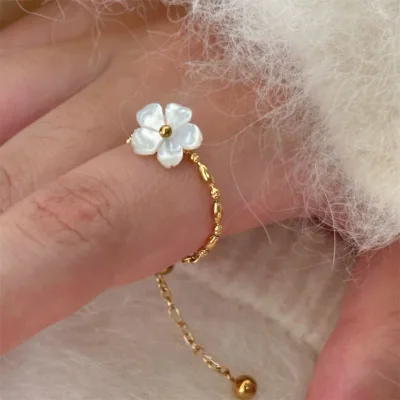 Stainless Steel Mother of Pearl Flower White Shell Adjustable Ring Small Flower Shaped Floral Ring