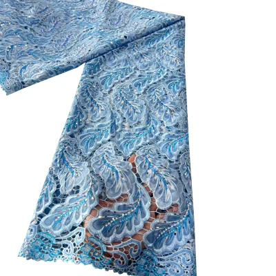 Blue Luxury Embroidery Lace Fabric Peacock Leaf Hollow Out Heavy EmbroideryLace With Sequins African Bridal Evening Dress Fabric