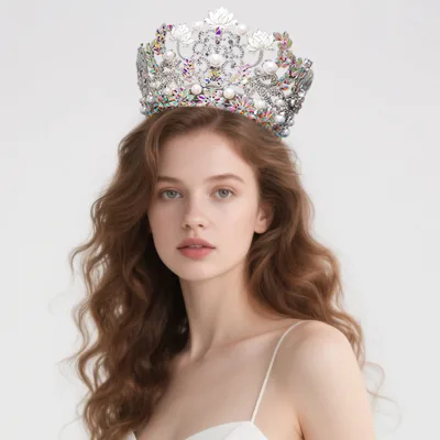 Amelie bridal AB Rhinestone Pearl Beauty Princess Pageant Crown with Lotus Design for Miss Universe Global Competition