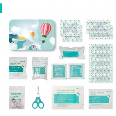 Contents Tin First Aid Kit FS-9790 Mini First Aid Box with Plaster Strips Alcohol Pads Gauze Swabs Gloves