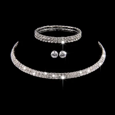 Luxury Female White Crystal Jewelry Set Charm Silver Color Wedding Dangle Earrings for Women Cute Bridal Geometry Chain Necklace