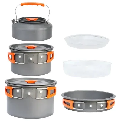 Portable Camping Cookware Mess Kit 1.1L Non-Stick Kettle Stainless Steel Pot Pan Cups Plates Forks Travel-Friendly Anodized