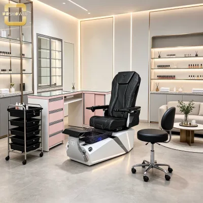 Light Pink L Shape Manicure Table Glass Top Nail Workstation With Drawer Storage for Beauty Shop & Nail Studio