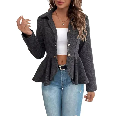 European and American Women's Suit Jacket Lapel Jacquard Ruffled Trim Double Breasted Temperament Office Suit Jacket Woman