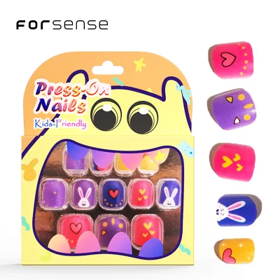 cute kids short glue on nails for children with glues. kawaii play purple false nail art lovely bunny extra small press on nails