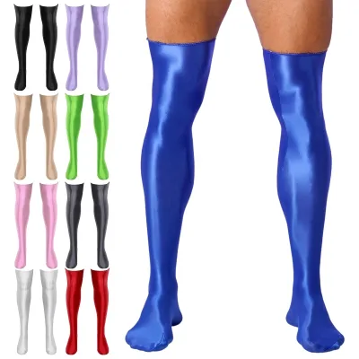 1 Pair Mens Glossy Thigh High Stockings Solid Color Stretchy Socks Costume Accessories for Date Night Honeymoon Anniversary