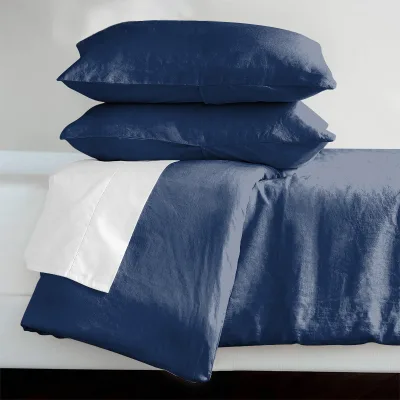 Deep Blue 100% Linen and Cotton Slightly Classic Solid Colour Duvet Cover Set 3pcs for Home