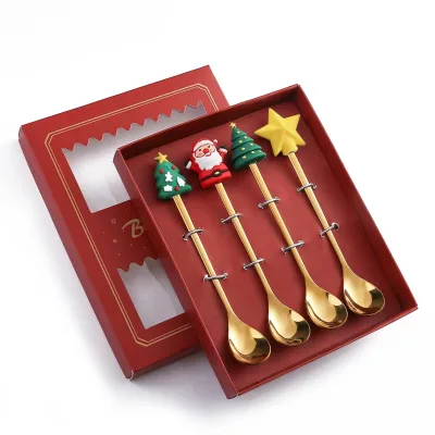 Hot Sell Christmas Gift 4pcs Gold Stainless Steel Coffee Dessert Spoon and Fork Flatware Set with Gift box