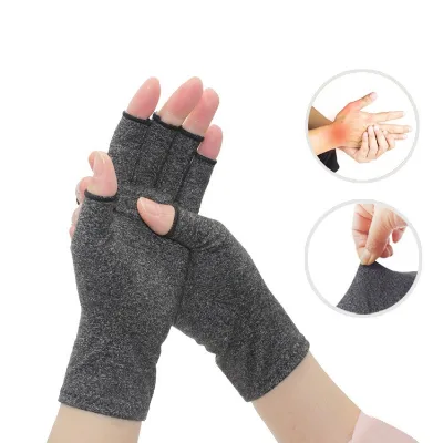 Custom Printed Half-finger Comprion Gloves for Arthritis Pain Relief Gray Cotton Nylon Lining Magnetic Treatment for Working