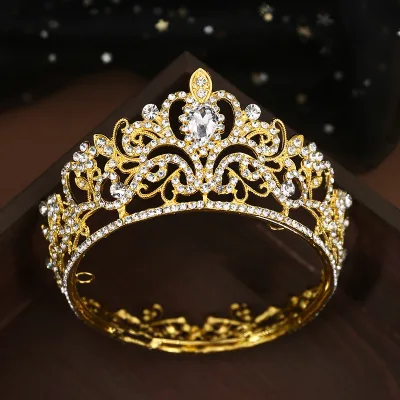 Baroque Queen Crown Rhinestone Wedding Crowns and Tiaras for Women Birthday Round Crowns for Flower Bouquet