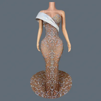 Luxury Sparkly Rhinestone Evening Dress for Women Gala Party Chic Dress Wedding Prom Floor-length Dress High-end Gowns