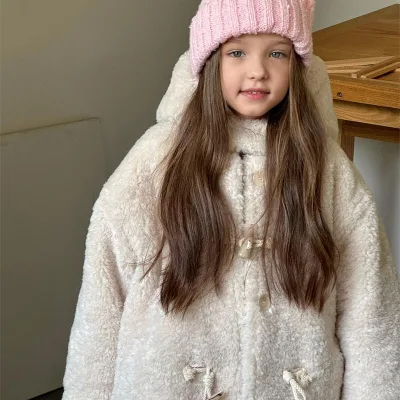 2024 INS Korean Style Kids Single Collar Soft Coat with Hat Children Thick Solid Sustainable Boys and Girls Winter New Jacket