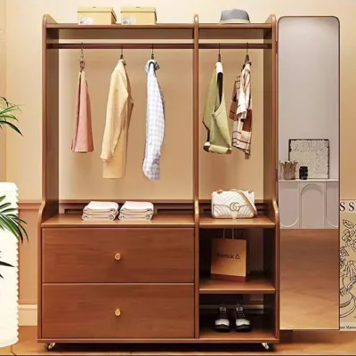 Solid Wood Multi-Functional Full Body Mirror Wardrobe With Coat Hat & Clothes Hanger for Bedroom Hotel Simple Home Furniture