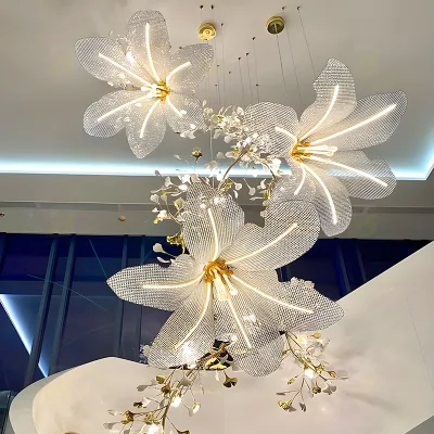 Home Living Room Ceiling Chandelier Modern Staircase Lobby Dining Room Chandelier Crystal Flower Ceramic Leaf Led Chandelier