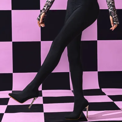 Womens over the Knee Boots in Elastic Cloth with Cotton Lining for Autumn Winter Classic Black Slim Leg Fashion Style Women