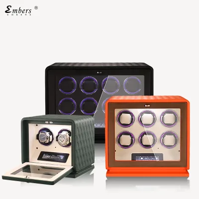 Embers 2024 New Leather MDF+Metal Watch Winder V-Series 3 Slots Black Green Orange LED Light Touch Screen Control 2-Year