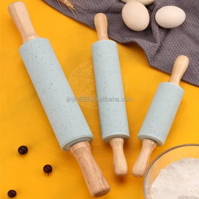 Professional Grade Wood Handle Silicone Rolling Pin with Included Baking Pastry Boards