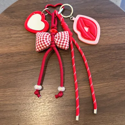 Red and White Checkered  Fabric Woven Hanging String with Heart-shaped Mirror Bag, Red Lips Keychain Accessory Hanging Piece