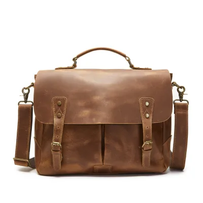 Full Grain Portable Crazy Horse Leather Office Zipper Hasp Business Computer Satchel Bags Briefcases OEM Custom Men Bags