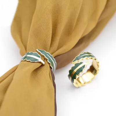 Customized 18K Gold Plated Stainless Steel Scarf Ring Green Leaf Shape Enamel Ring-for Gifts Parties Weddings