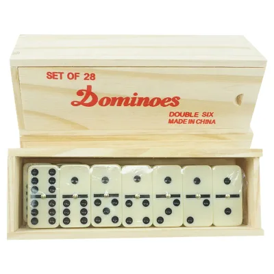 Wholesale Custom Double 6 Six Domino Set 28pcs Ivory Melamine Dominoes Blocks with Gold Nail  in Wood case for Indoor Game
