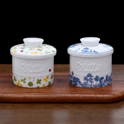 French Ceramic Butter Crock With Lid Embossed Letter Butter Keeper for Fresh Butter Kitchen Storage Container