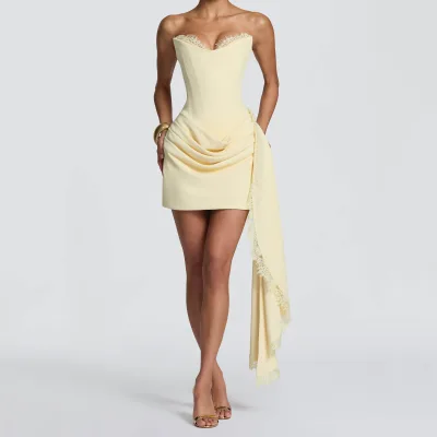 Women Pale V-neck Strapless Corset Lace Trim Draped Skirt With Long Sash Back Lace-up Bodycon Mini Dress Party Cocktail Dress