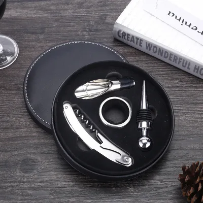 WXL125 Stainless Steel Wine Opener Gift Set Round Leather Box Wine Kits Stopper Pourer Tool 4PCS Red Wine Bottle Opener Set