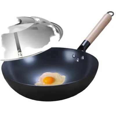 Factory Supply Carbon Steel Wok Nonstick Steel Pan Pot Wooden for Gas Induction Stove for Home Kitchen Restaurant