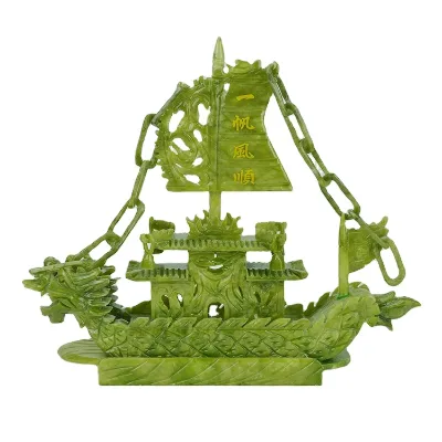 Wholesale 28cm Chinese Good Luck Decoration Carved Jade Stone Craft  Dragon Boats