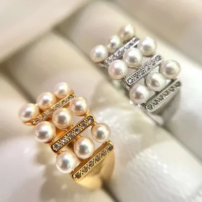 New Gold and Silver Square Ring with Multiple Beads Pearl Ring Natural High Quality Freshwater Pearl Inlaid 3-4mm