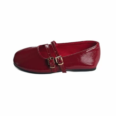 Girls Burgundy Patent Mary Jane Dress Shoes Double Gold Buckle Straps Round Toe Princess Party Wedding Flower Girl Flats