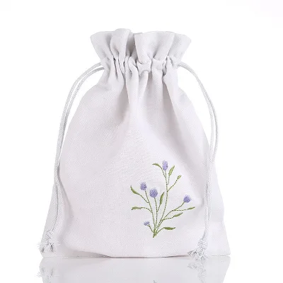 Customizable White Muslin Cotton Lavender Packaging Pouches Reusable Embroidered Jewelry