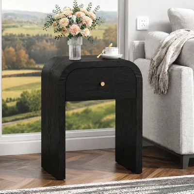 Curved Black Wooden Side Table With 1 Drawer Nightstand Side End Table With Rounded Edge Tabletop.For Bedroom &Living Room.