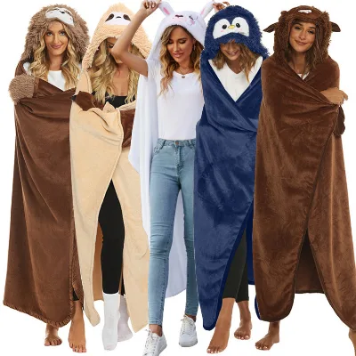 Wearable Hooded Cape Blanket Double-Sided Polyester Flannel Solid Color Modern Minimalist Style Customizable