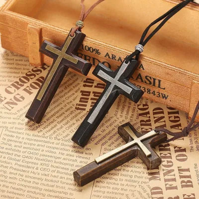 Double Layer Wooden Cross Pendant Religious Necklace Women Long Sweater Chain Retro Hand Carved Black Brown Wood Cross Necklace