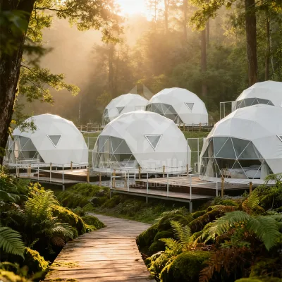 6M Diameter Outdoor Geodesic Dome Tent Steel Frame Strong Roof Hotel Tent White Tent With Bathroom