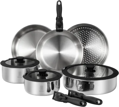 New 12 Pcs Modern Eco-Friendly Metal Non-Stick Performance Stressless Cookware Sets 3 Layers Gas Induction Ready Dishwasher Oven