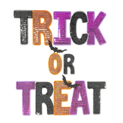 Halloween Trick or Treat Sequin Letter Patch DIY Embroidered Applique Iron on Badge for Costume Clothing Decoration