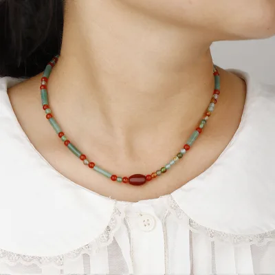 Simple Carnelian Rice Bead Chains Necklace for Women Handmade Bohemian Colorful Necklace Seaside Vacation Party Accessories