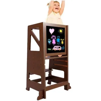 Montessori-inspired Adjustable Wooden Learning Tower with Chalkboard and Storage for Kids' Kitchen Use Modern Design