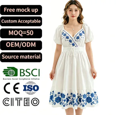 White Midi Dress With Blue Floral Embroidery V Neck Short Sleeve Cinched Waist Tiered Skirt Summer Boho Style Casual Elegant