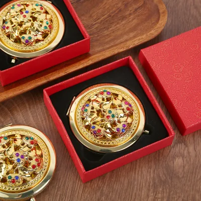 Metallic Gold Hollow Design Portable Pocket Folding Double-Sided Women's Makeup Mirror 7cm Round Dressing Gift