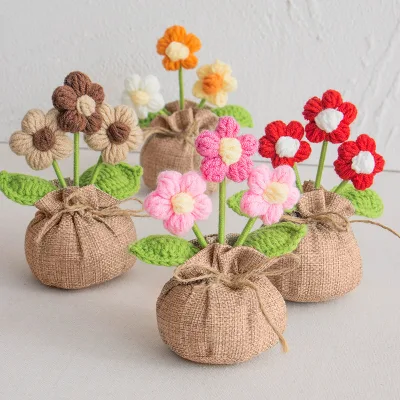 Cute Puff Flower Fortune Bag Knitted Crochet Flower Pot Mini Ornament Office Gift Decoration Crochet Flower Pot