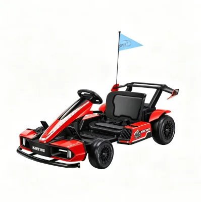 Kids Electric Go Kart Ride on Car, 4 Wheel Racing Toy with LED Light, Safety Flag, Safety Belt for Children