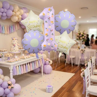 Macaron Sticker 40" Number Balloon Set Matte Daisy Pentagram Style Aluminum Foil Non-Toxic Eco-Friendly Birthday Balloon Set