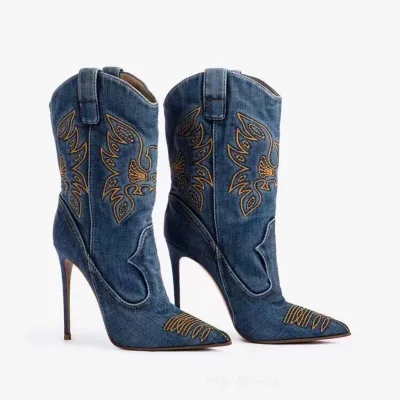 Western Cowboy Style Winter High Heel Boots with Pointed Embroidered Design Height Increasing Fashion Boots for Women