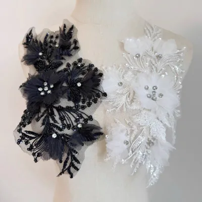 Factory Direct OEM Brand Custom White 3D Organza Floral Beaded Lace Applique with Crystals & Sequins for Bridal & Evening Wear a