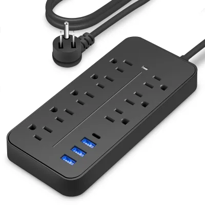 8 AC Outlets 3 USB & 1 Type-C Ports Socket 4ft Extension Cable Black Power Strip & Surge Protector Charger Adapter